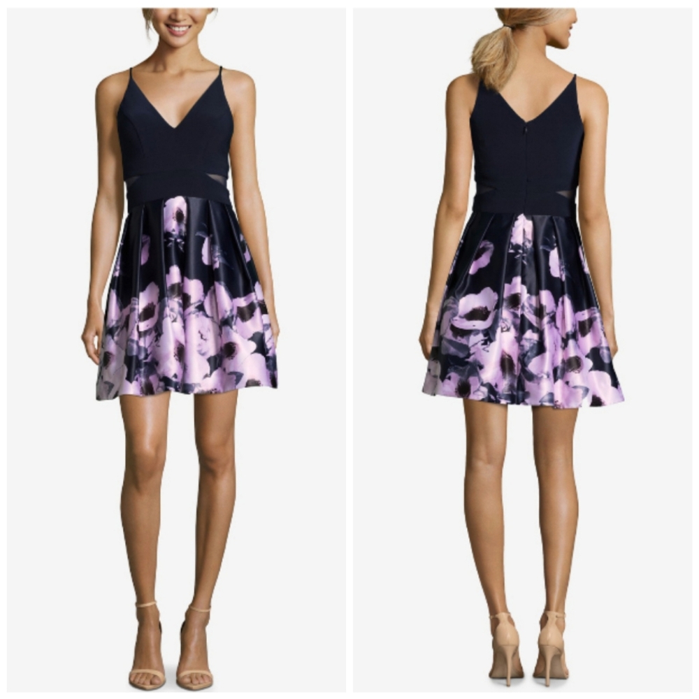 XSCAPE FLORAL FIT FLARE DRESS